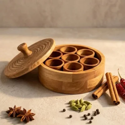 Round premium polished wooden masala box top view