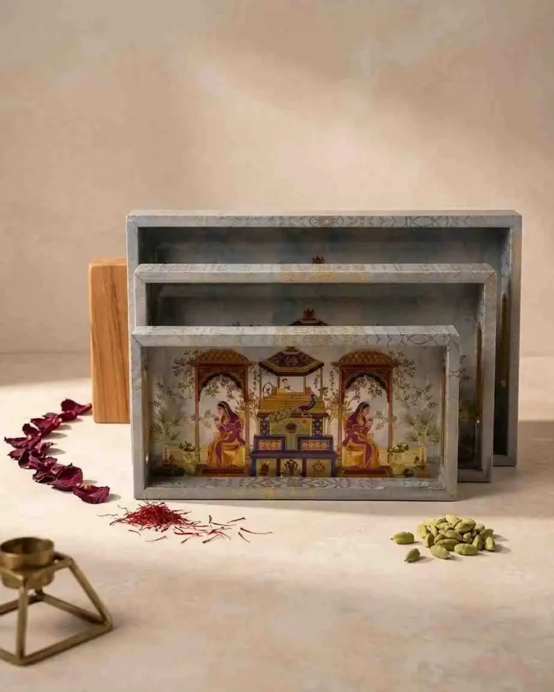 Sanskriti Printed Serving Set - Elegant 3 Pieces Tray (Set of 1)