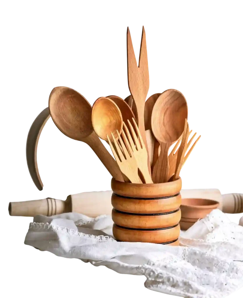 wooden spoon and forks in wooden stand in kitchen