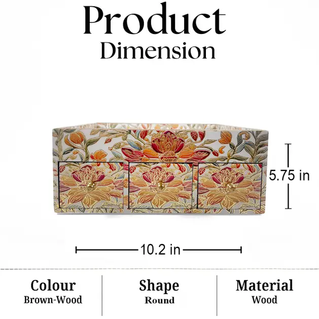 Handcrafted Royal Wooden Storage Box-3 Drawer-Floral (Set of 1)