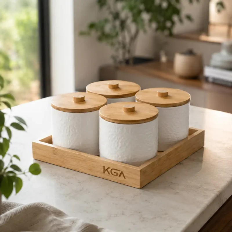 Imperio Ceramic Storage 4 Jar-with Art Wooden Lid (Set of 1)