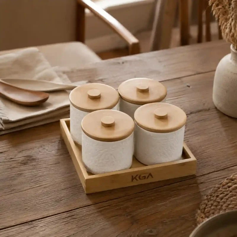 Imperio Ceramic Storage 4 Jar-with Art Wooden Lid (Set of 1)