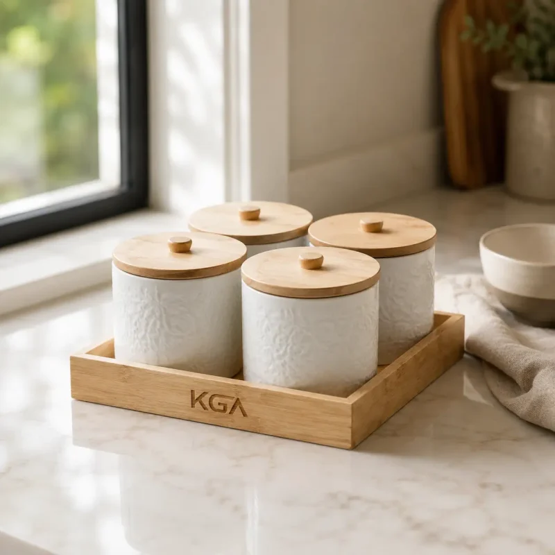 Imperio Ceramic Storage 4 Jar-with Art Wooden Lid (Set of 1)