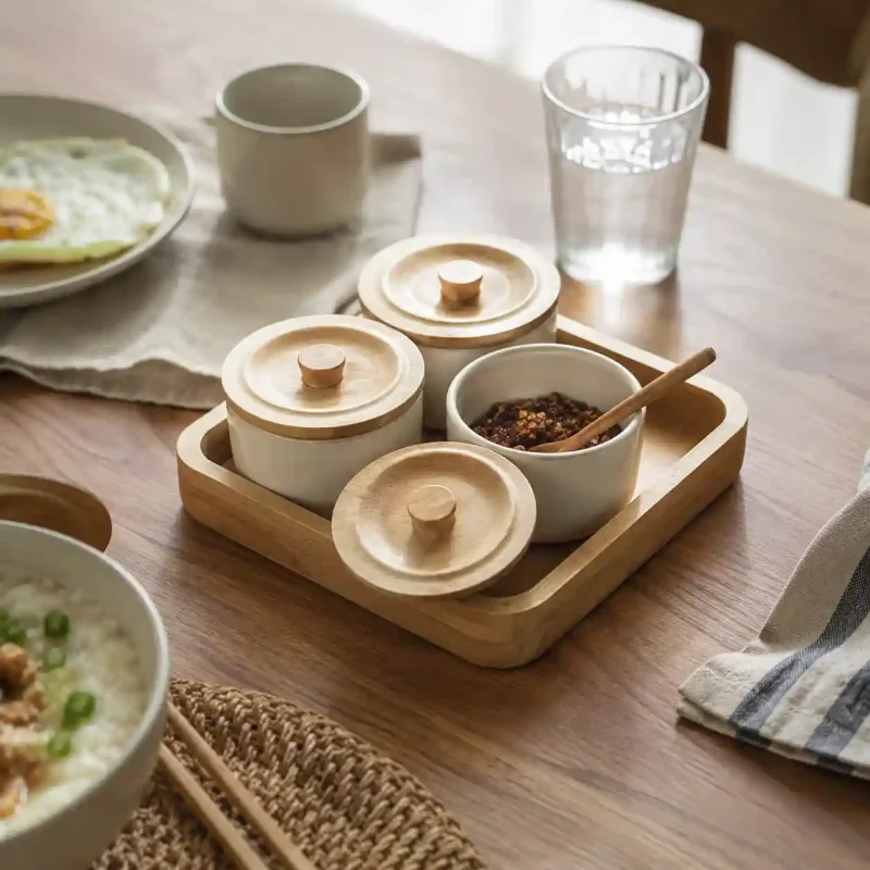 Revolving Luxury Spice 4 Jars-with Wooden Tray-Kitchen (Set of 1)