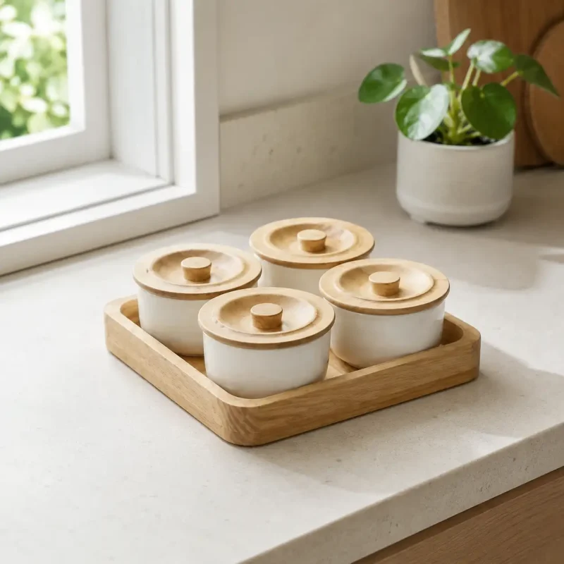 Revolving Luxury Spice 4 Jars-with Wooden Tray-Kitchen (Set of 1)