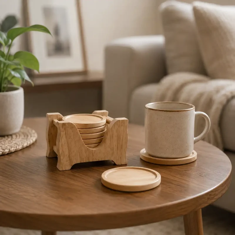 Round Wooden Coaster Set - 6 Pcs (Set of 1)