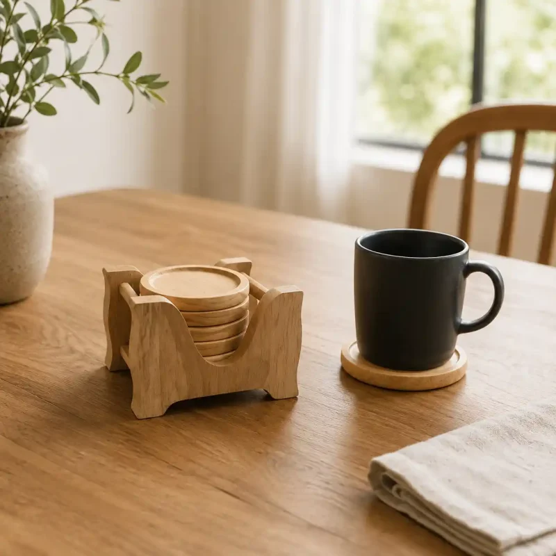 Round Wooden Coaster Set - 6 Pcs (Set of 1)