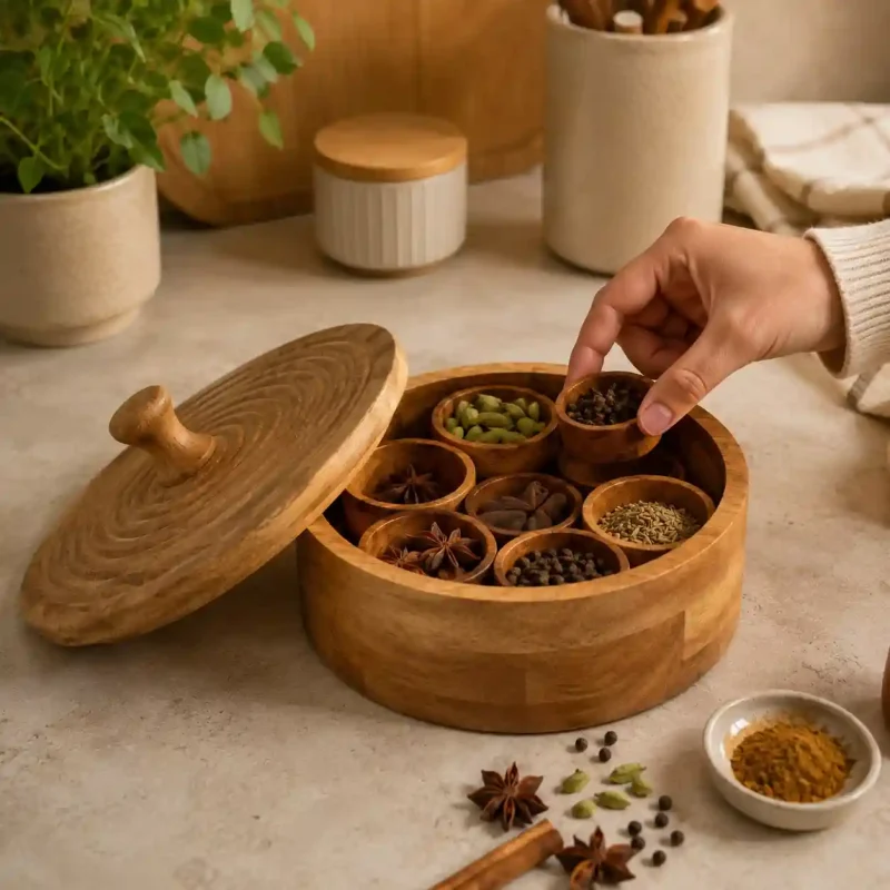 Stunning Round Wooden Masala Box Premium Polished Organizer