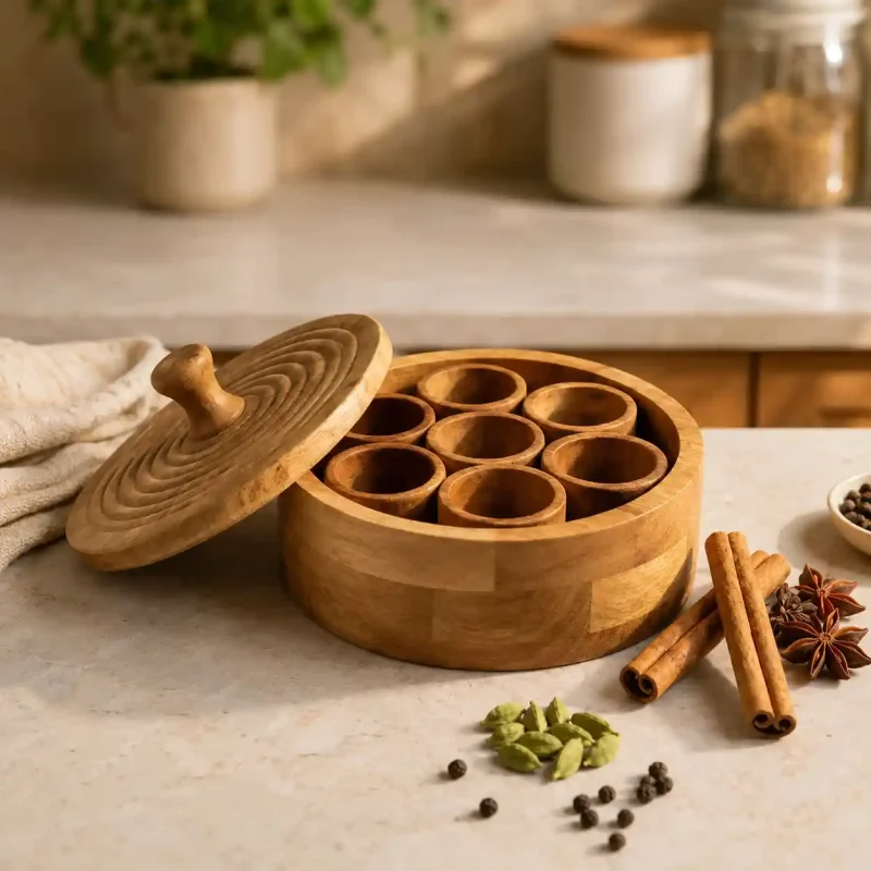 Stunning Round Wooden Masala Box Premium Polished Organizer