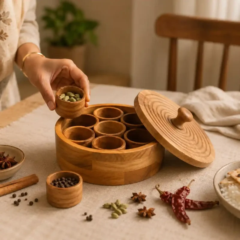 Stunning Round Wooden Masala Box Premium Polished Organizer