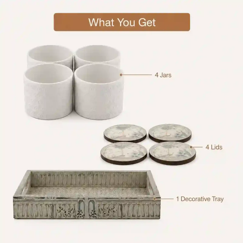 Condiment 4 Pcs Jar Set with Tray- And Lids (Set of 1)