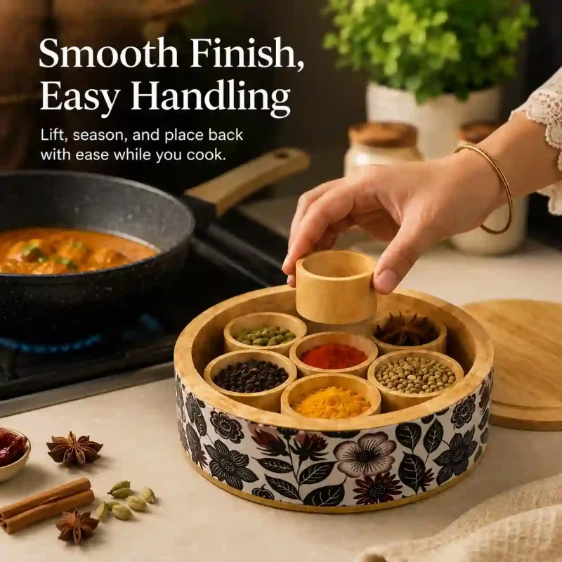 Wooden Masala Box-7 Small Bowls-Spice Organizer (Set of 1)