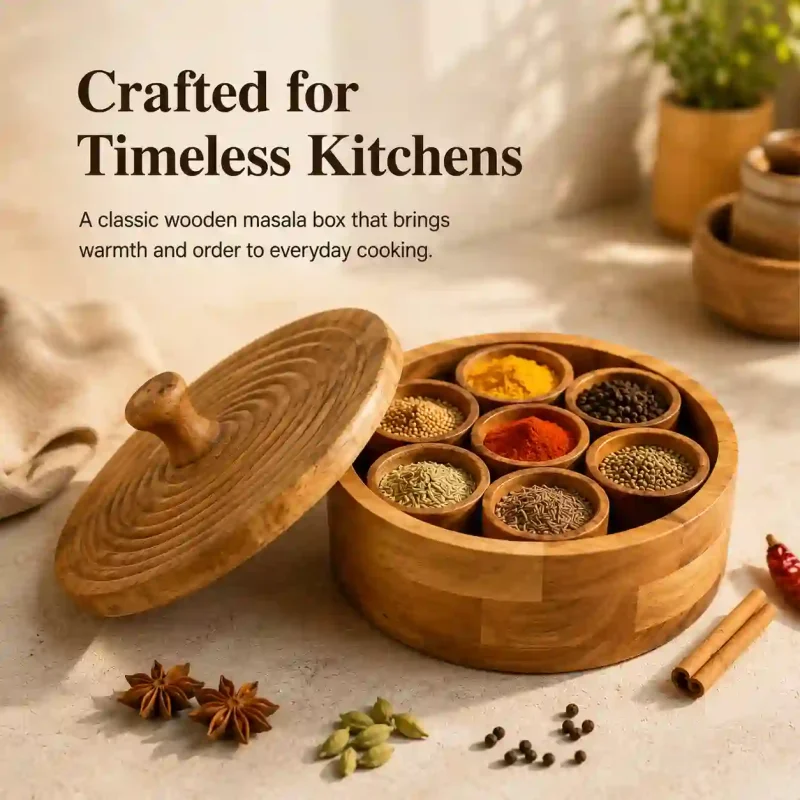 Stunning Round Wooden Masala Box Premium Polished Organizer