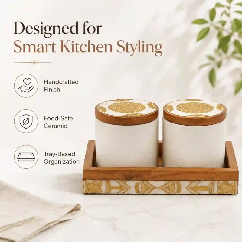 Ceramic Jar Set-2 Pieces Speckled Ivory-Wood Lid (Set of 1)