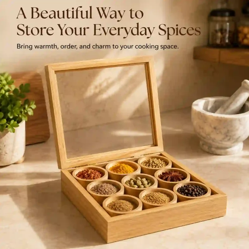 Wooden Masala Box-9 Compartment-Handcrafted (Set of 1)