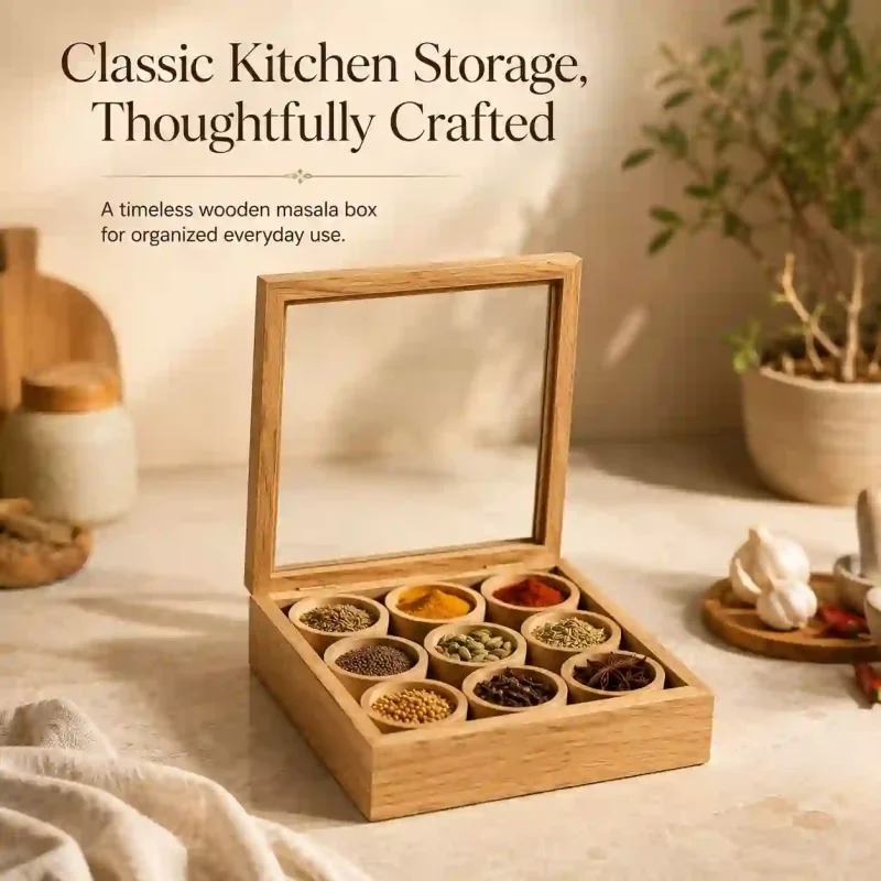 Wooden Masala Box-9 Compartment-Handcrafted (Set of 1)