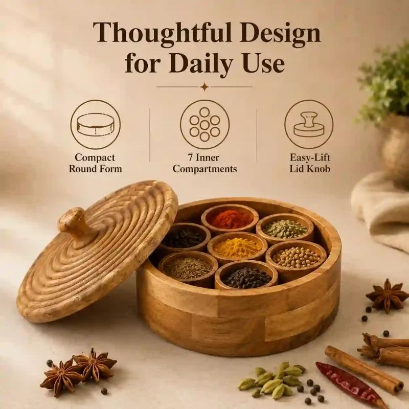 Stunning Round Wooden Masala Box Premium Polished Organizer