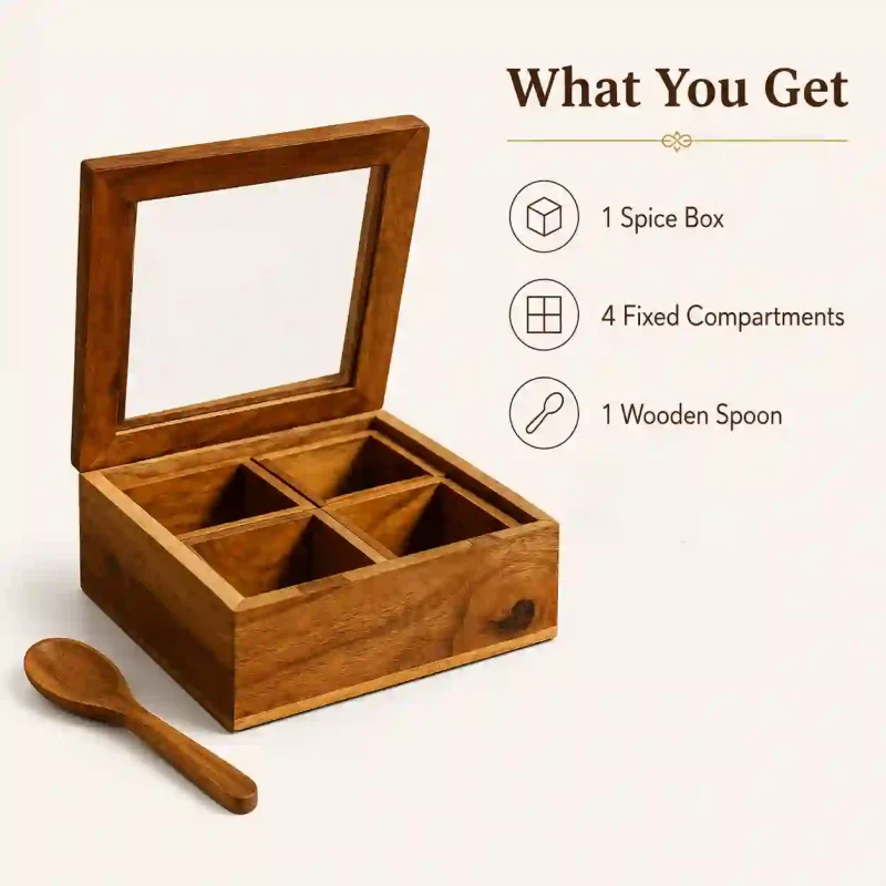 Ultimate Handcrafted Spice Box With Spoon 4 Partitions