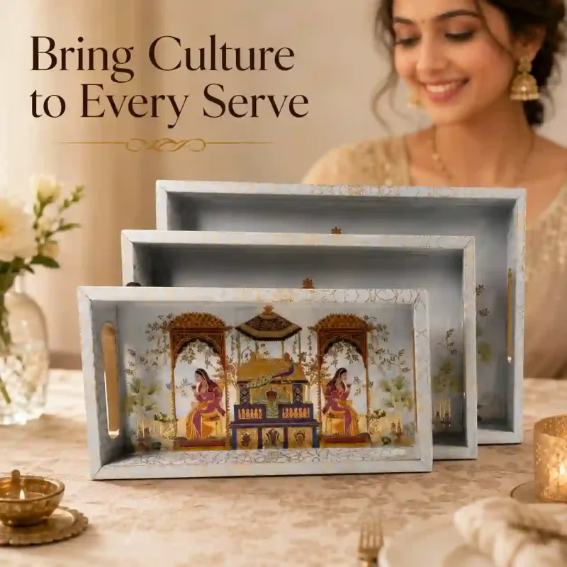 Sanskriti Printed Serving Set - Elegant 3 Pieces Tray (Set of 1)