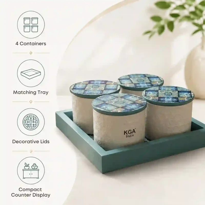 Blue & White Patterned Container-4 Pieces (Set of 1)