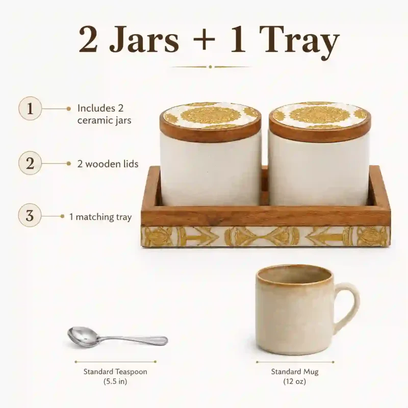 Ceramic Jar Set-2 Pieces Speckled Ivory-Wood Lid (Set of 1)