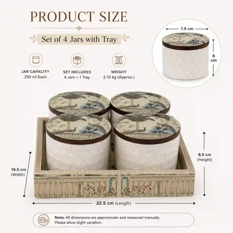 Condiment 4 Pcs Jar Set with Tray- And Lids (Set of 1)