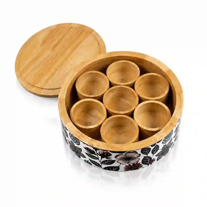 Wooden Masala Box-7 Small Bowls-Spice Organizer (Set of 1)