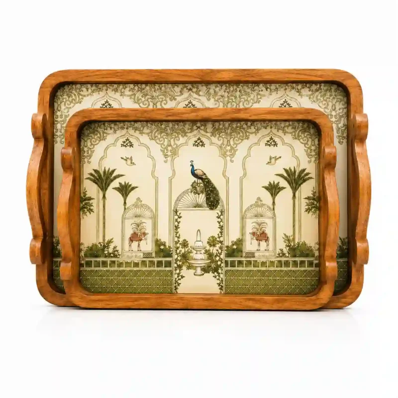 Elegant Palm Printed Serving Tray Set | Large & Medium (2-Piece)