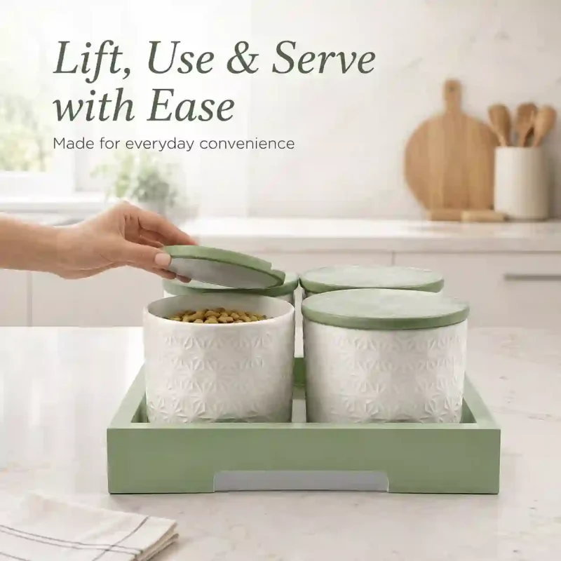 Green Storage Jars 4 Pieces with Tray-Food (Set of 1)