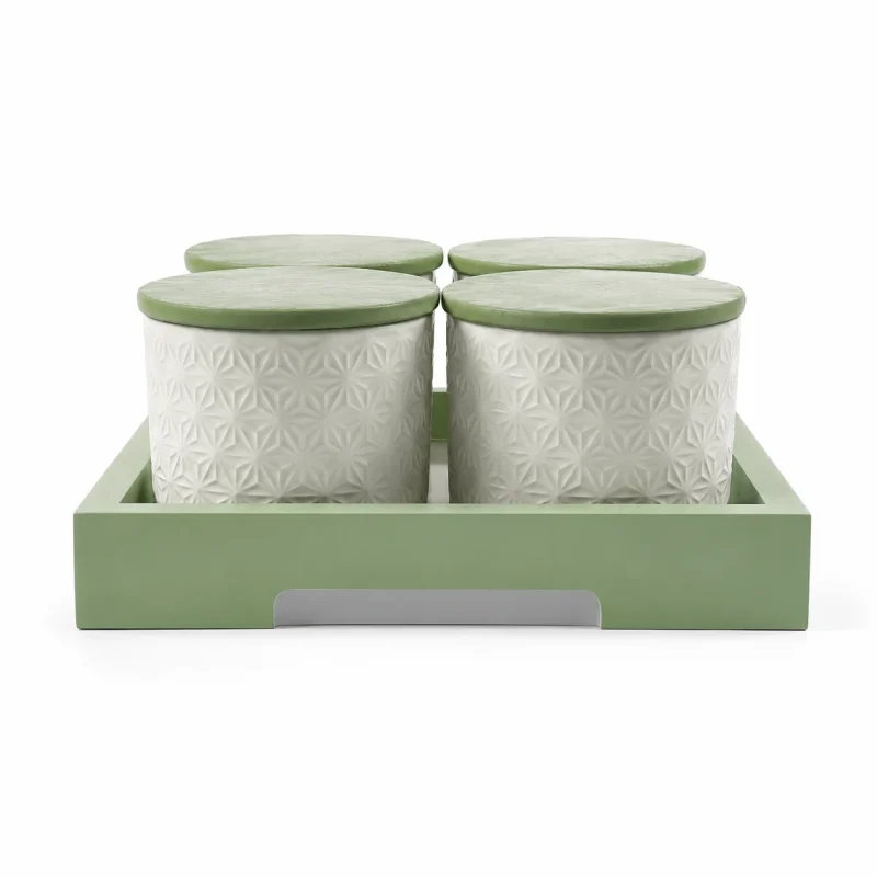 Green Storage Jars 4 Pieces with Tray-Food (Set of 1)