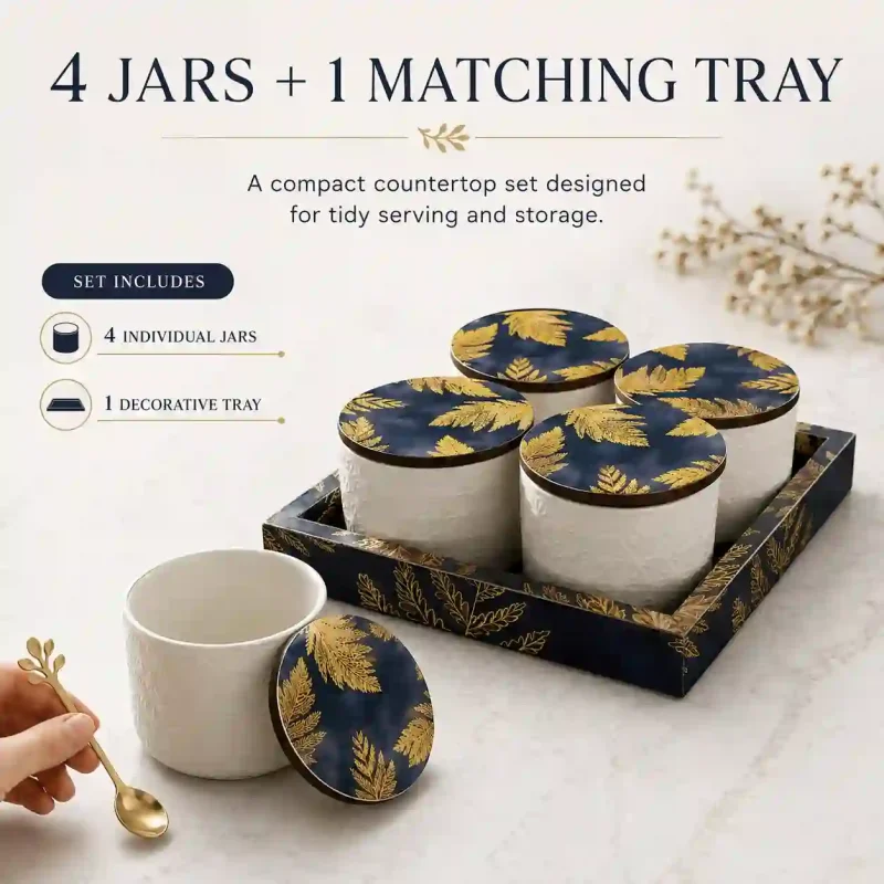Condiment Set with Lids-4 Jars & Tray (Set of 1)