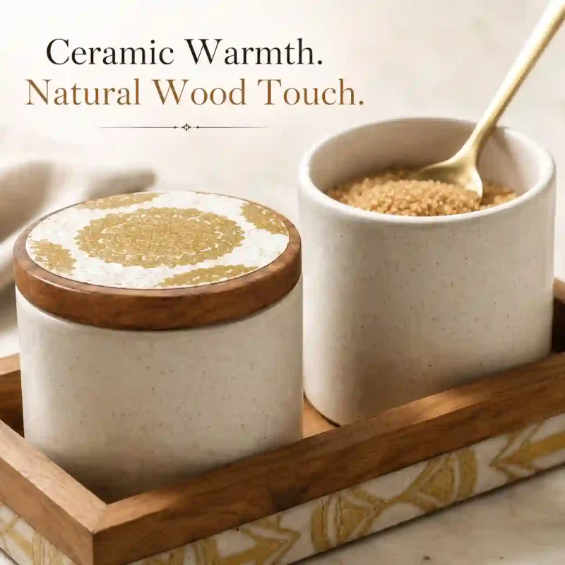 Ceramic Jar Set-2 Pieces Speckled Ivory-Wood Lid (Set of 1)