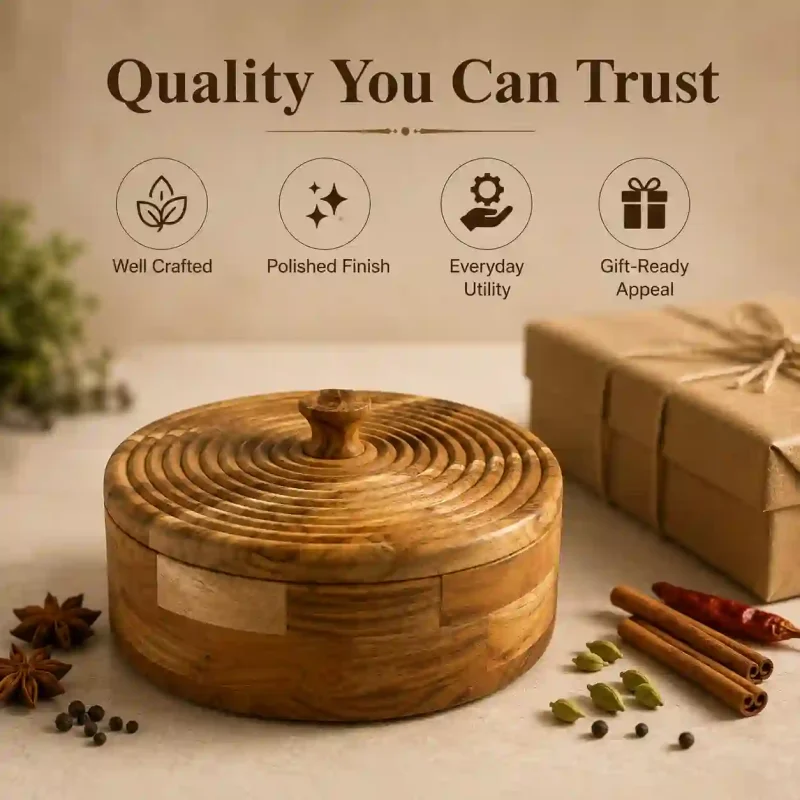 Stunning Round Wooden Masala Box Premium Polished Organizer