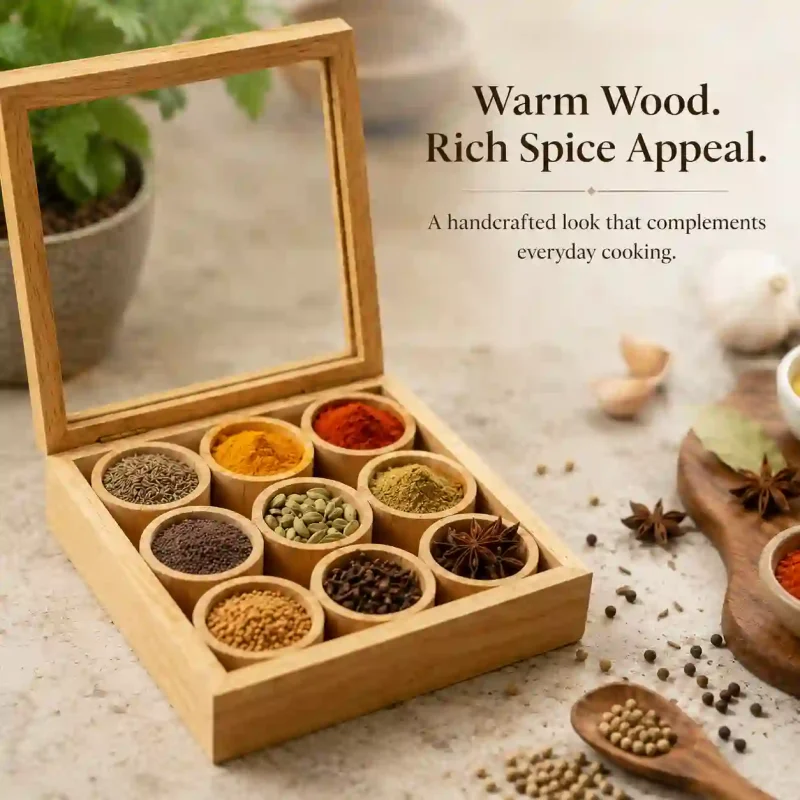 Wooden Masala Box-9 Compartment-Handcrafted (Set of 1)