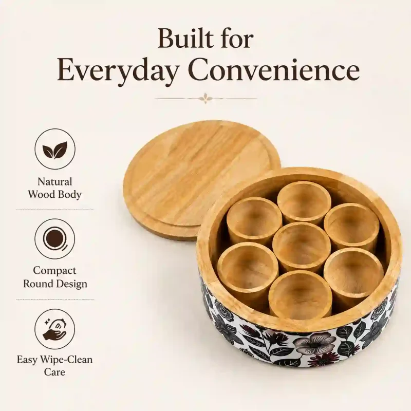 Wooden Masala Box-7 Small Bowls-Spice Organizer (Set of 1)
