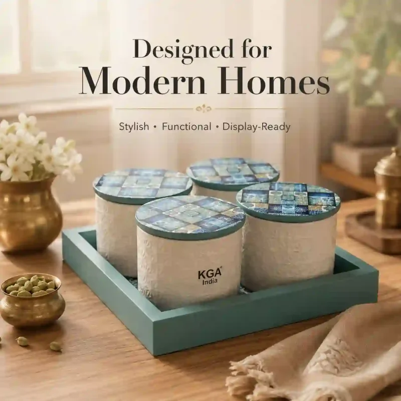 Blue & White Patterned Container-4 Pieces (Set of 1)