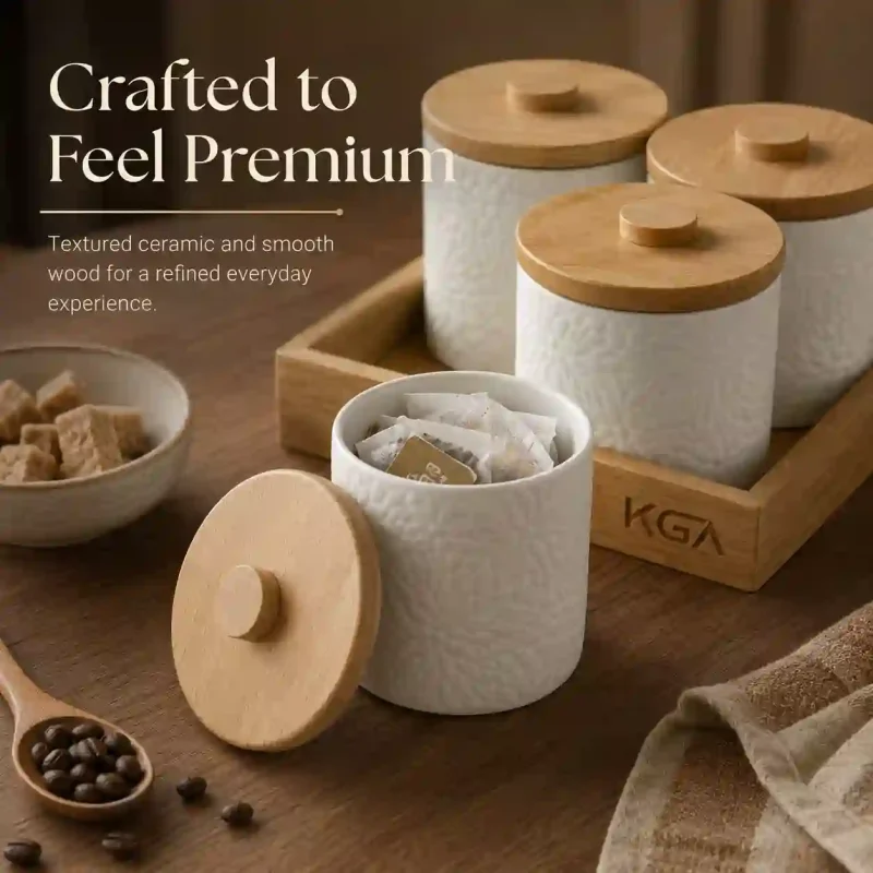 Imperio Ceramic Storage 4 Jar-with Art Wooden Lid (Set of 1)
