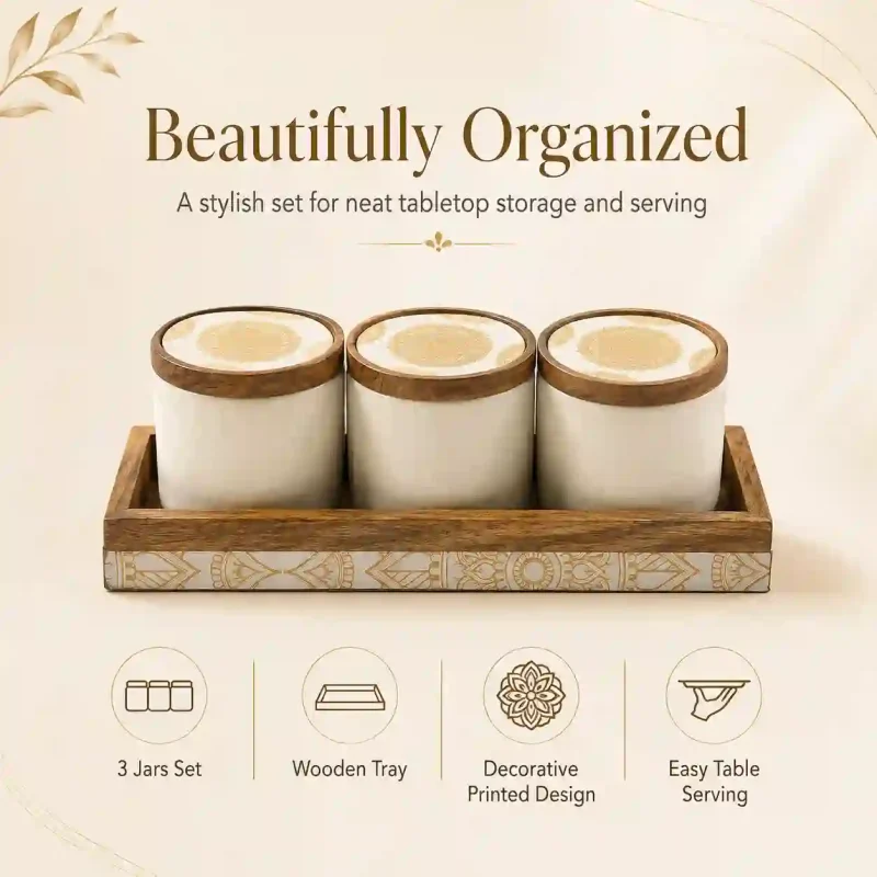 Vivo Printed 3 Jars Set with Serving Tray - Stylish (Set of 1)