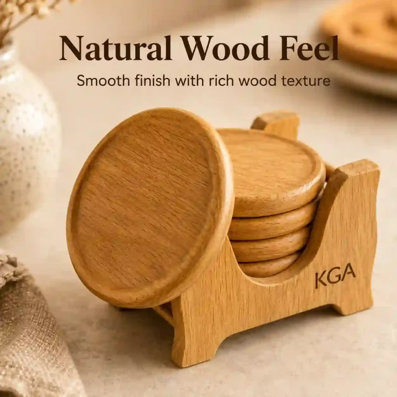 Round Wooden Coaster Set - 6 Pcs (Set of 1)