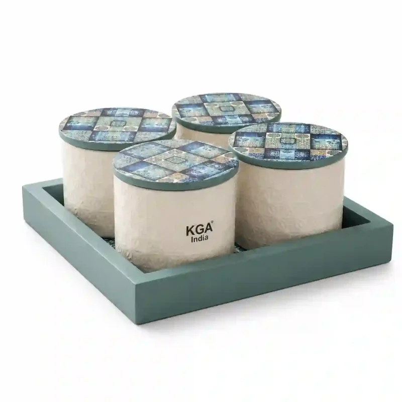 Blue & White Patterned Container-4 Pieces (Set of 1)