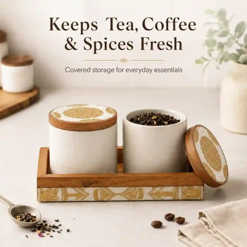 Ceramic Jar Set-2 Pieces Speckled Ivory-Wood Lid (Set of 1)