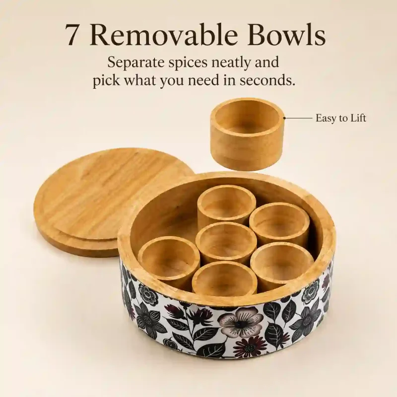 Wooden Masala Box-7 Small Bowls-Spice Organizer (Set of 1)