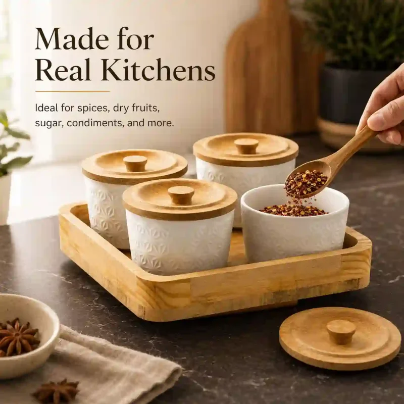 Revolving Luxury Spice 4 Jars-with Wooden Tray-Kitchen (Set of 1)