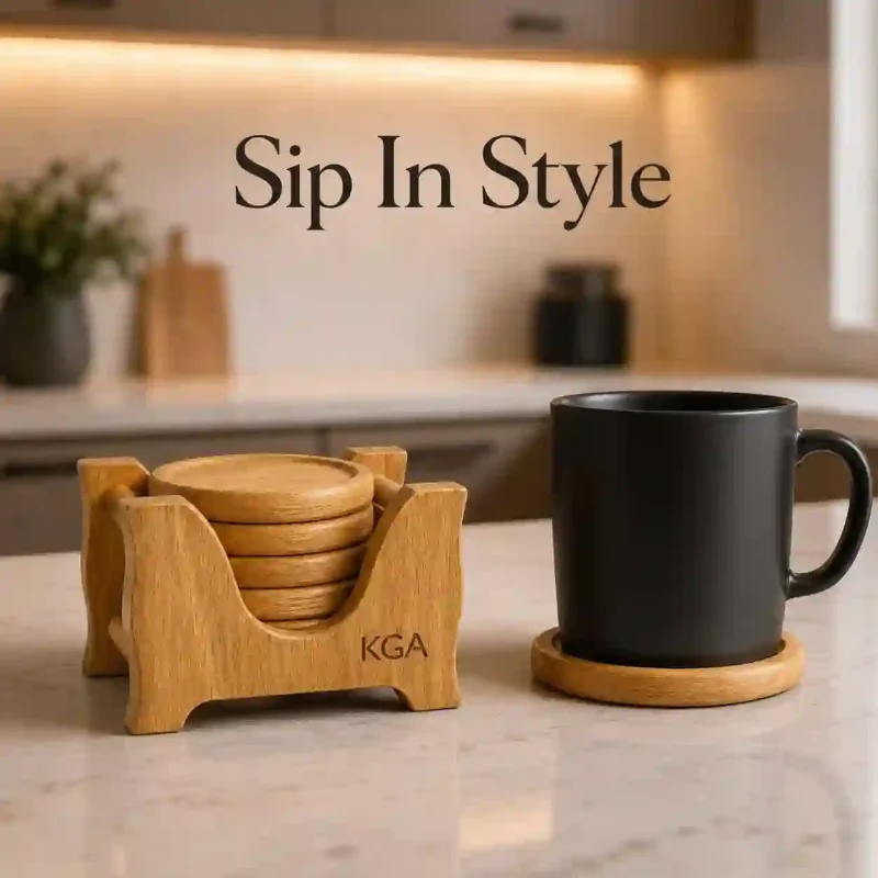 Round Wooden Coaster Set - 6 Pcs (Set of 1)