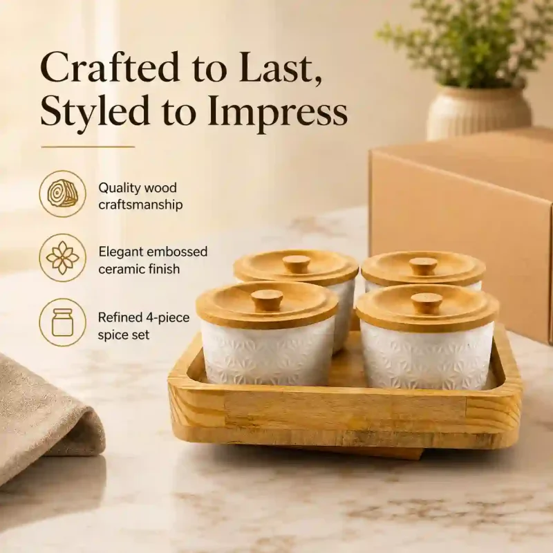 Revolving Luxury Spice 4 Jars-with Wooden Tray-Kitchen (Set of 1)