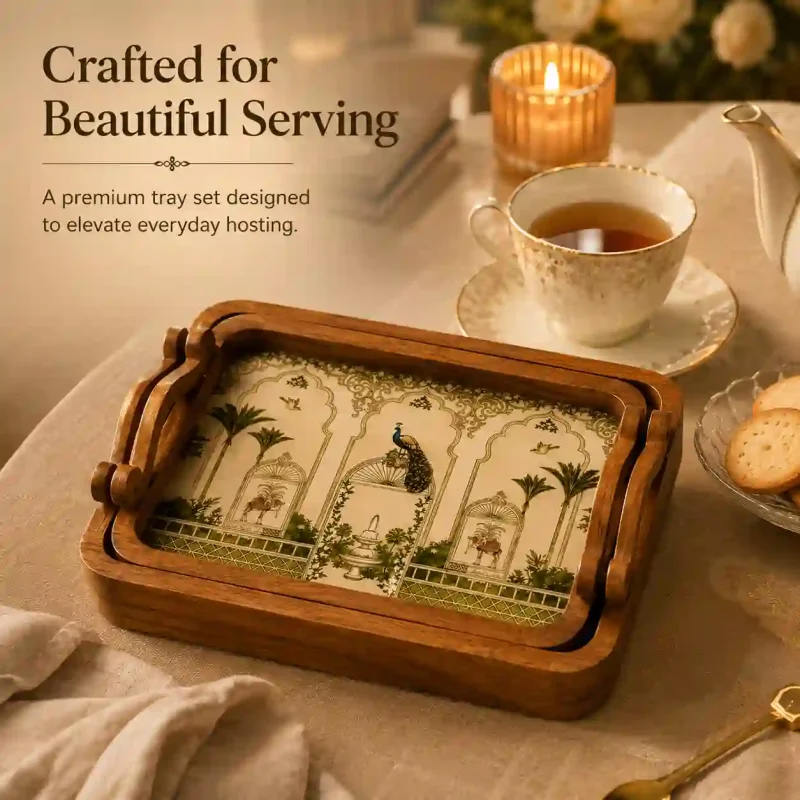 Elegant Palm Printed Serving Tray Set | Large & Medium (2-Piece)