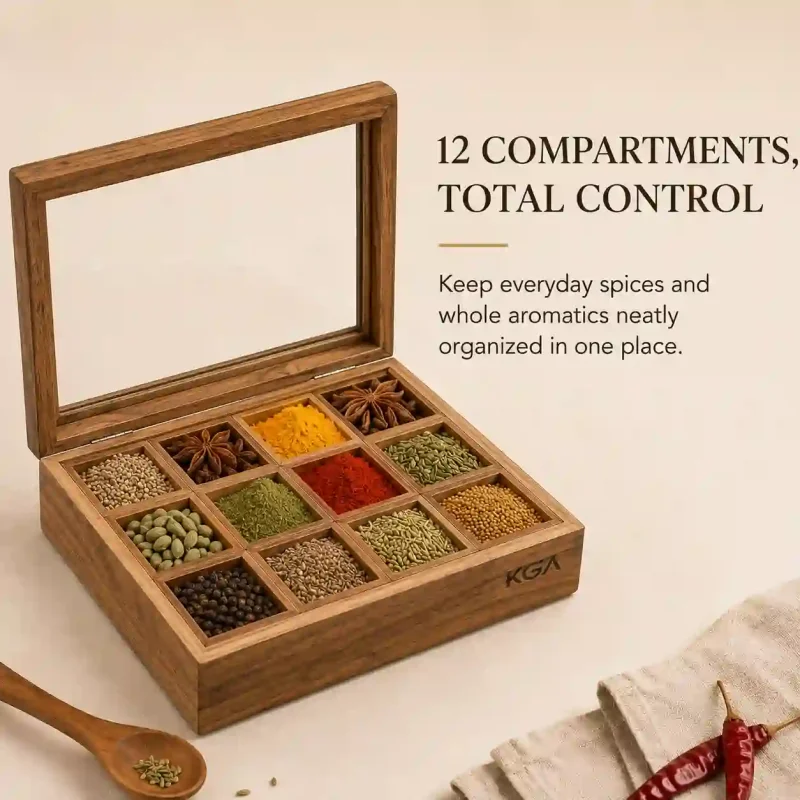 Stunning Artisan Wooden Masala Box 12 Compartment Large