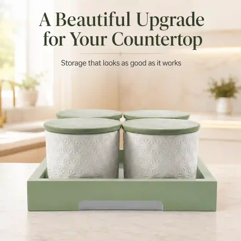 Green Storage Jars 4 Pieces with Tray-Food (Set of 1)