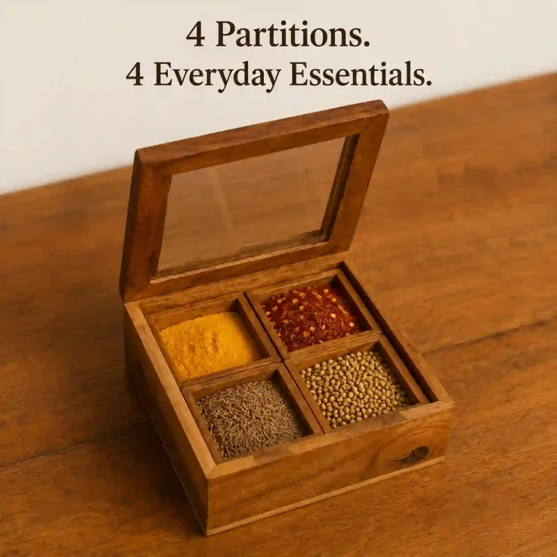 Ultimate Handcrafted Spice Box With Spoon 4 Partitions