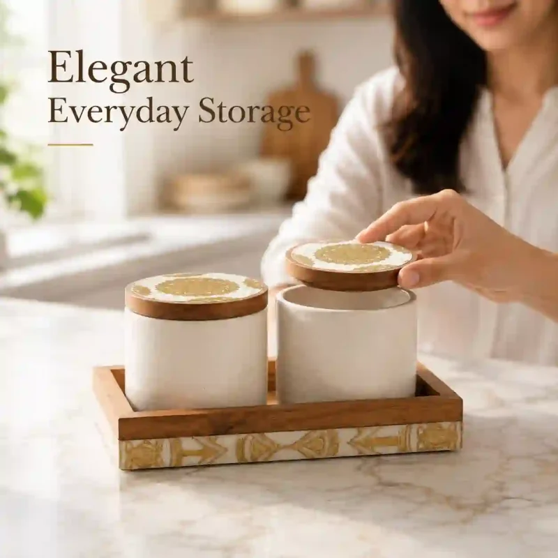 Ceramic Jar Set-2 Pieces Speckled Ivory-Wood Lid (Set of 1)